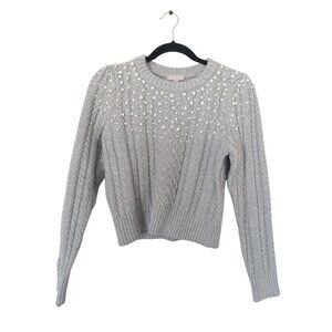 J. Crew Pearl embellished cotton cable-knit sweater Grey with White Pearls Size